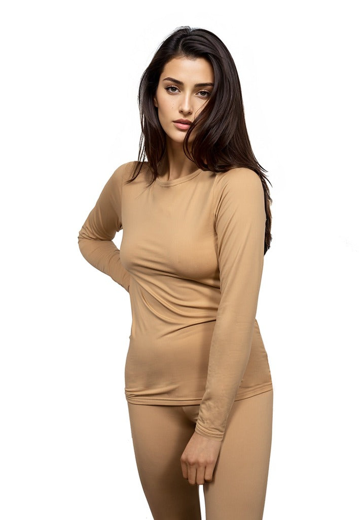 Mcilia Women's Ultrathin Modal Round Neck Long Sleeve Thermal Top/Shirt  Beige Small (US Size 2 4 6) at  Women's Clothing store